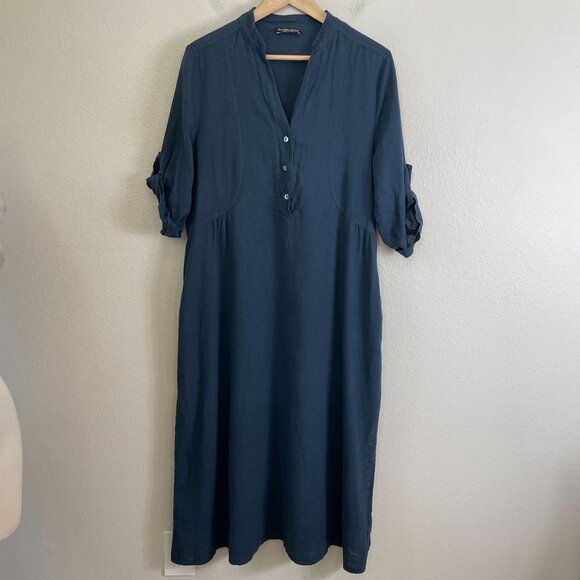 Francesca Bettini Womens Medium Linen Cotton Midi Dress Blue Roll Tab Sleeve - Picture 6 of 11